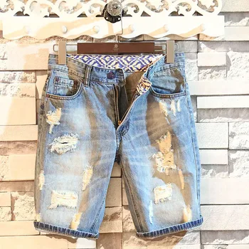 Летние Мужские джинсовые шорты, Приталенные корейские модные джинсовые шорты с потертыми дырками в 5 точках