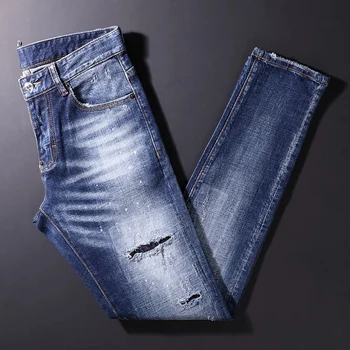Высокие уличные модные мужские Джинсы в стиле ретро, Выстиранные Синие Эластичные облегающие Рваные джинсы, мужские раскрашенные Дизайнерские винтажные брендовые брюки Hombre