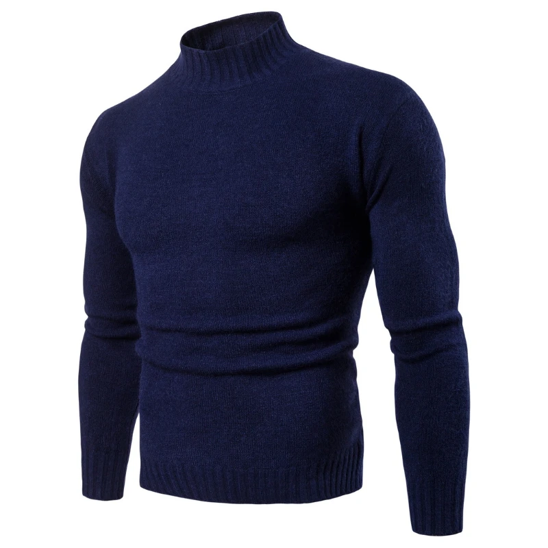 Осенне-зимний новый мужской свитер с высоким воротом и длинным рукавом, высококачественный тонкий однотонный вязаный пуловер, повседневная нижняя рубашка Изображение 5